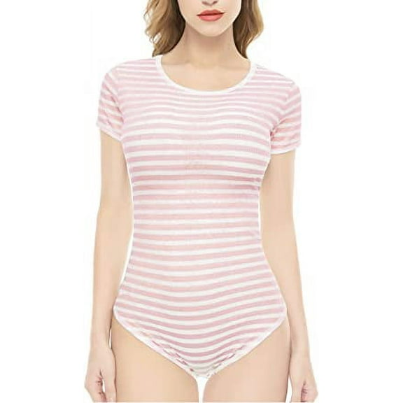CutiePlusU Cotton Button Crotch Bodysuit Onesie Pajamas Romper Classics Stripe Pink XXXL