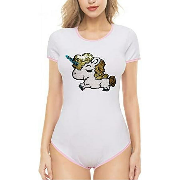 CutiePlusU Cotton Button Crotch Bodysuit Onesie Pajamas -Sequins Unicorn White S