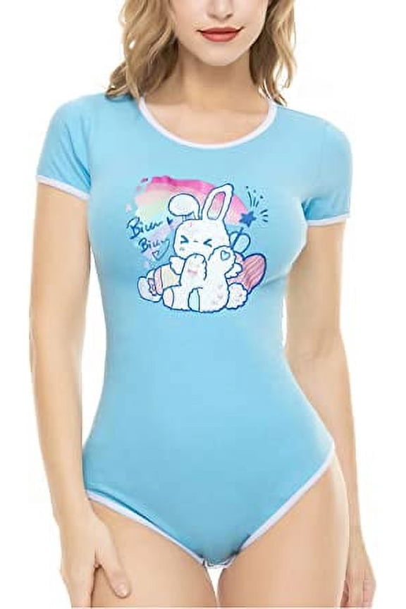 Cotton Button Crotch Bodysuits Adult Romper Basics Onesie-Bunny Print SkyBlue S