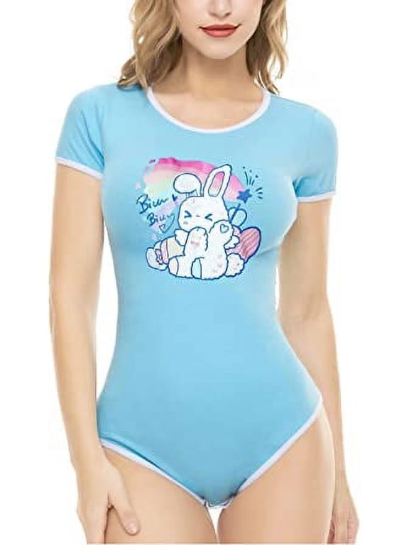 Cotton Button Crotch Bodysuits Adult Romper Basics Onesie-Bunny Print SkyBlue S