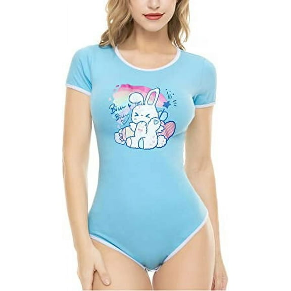 CutiePlusU Cotton Button Crotch Bodysuits Adult Romper Basics Onesie-Bunny Print SkyBlue XXXL