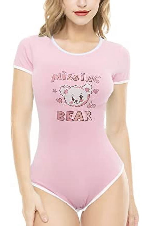 Cotton Button Crotch Bodysuits Adult Romper Basics Onesie-Miss Bear Print Pink L