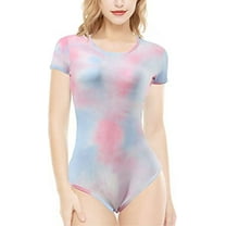 CutiePlusU Cotton Button Crotch Bodysuits Adult Romper Onesie- Irregular Tie Dye Unisex Pink XS