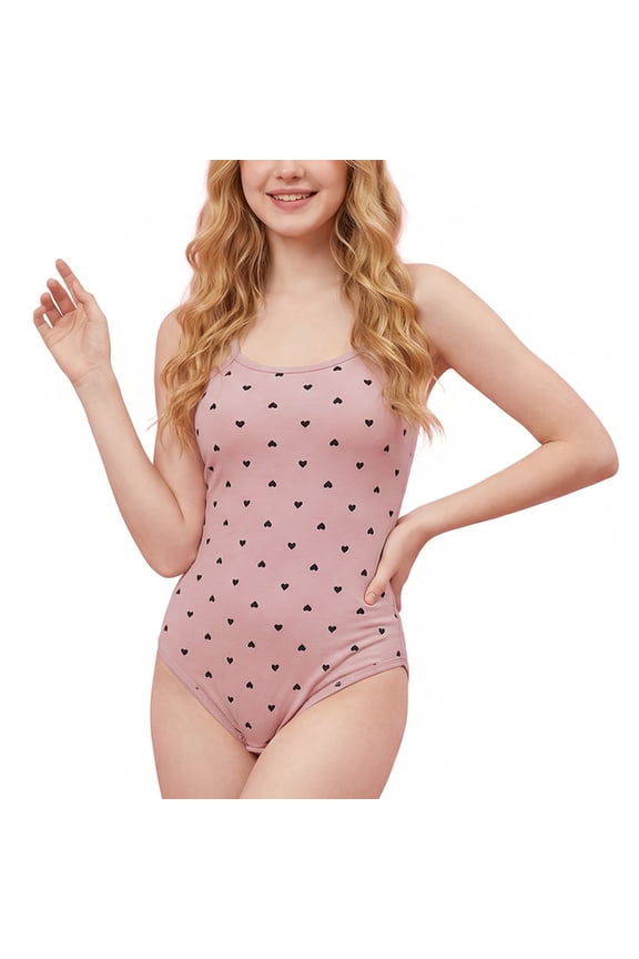 Cotton Button Crotch Women Sling Onesie Bodysuit Pajamas Romper Pink 2XL
