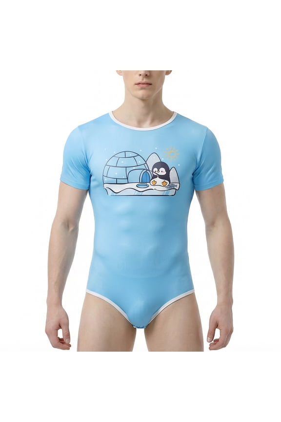 Men's Bodysuits Adult Romper Onesie Cotton Button Crotch for Men Print-Fishing Penguin,XL