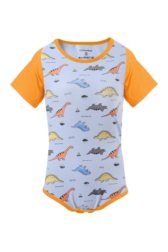Men's Cotton Button Crotch Bodysuits Adult Romper Onesie for Men All Over Print-Little Dinosaur Paradise,L