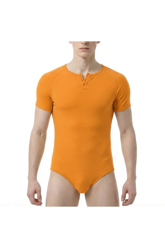 Men's Short Sleeve Onesie Cotton Button Crotch Bodysuits Adult Snaps Crotch Onesies,Orange XS