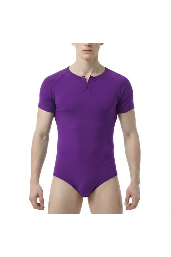 Men's Short Sleeve Onesie Cotton Button Crotch Bodysuits Adult Snaps Crotch Onesies,Purple 4XL