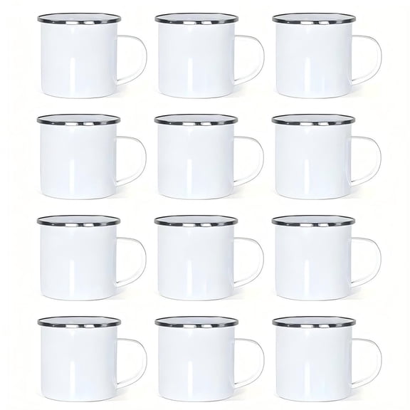 VAETTLO 12-Pack Enamel Mugs, 12oz Plain White with Silver Rim for Large Gatherings & Camping