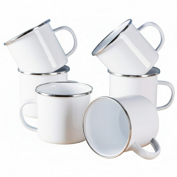 VAETTLO 6-Pack Enamel Mugs, 12oz Plain White with Silver Rim for Camping, Kitchen & Large Gatherings