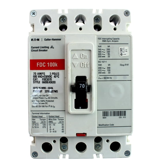 Cutler Hammer Eaton FDC3070 Industrial Circuit Breaker, FDC, 70A, 3-Pole, 600V