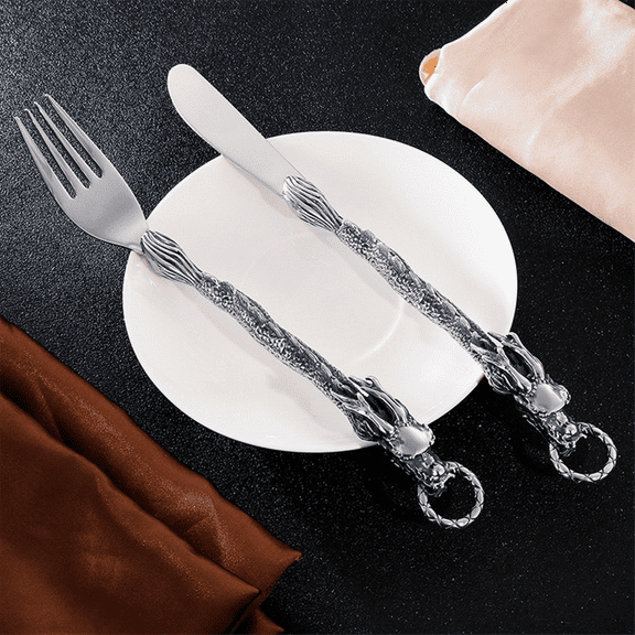 Cutlery Chinese Zodiac Dragon Western-Style Fork Trend Punk Wind Stainless Steel Portable Tableware,1 x Fork,Silver