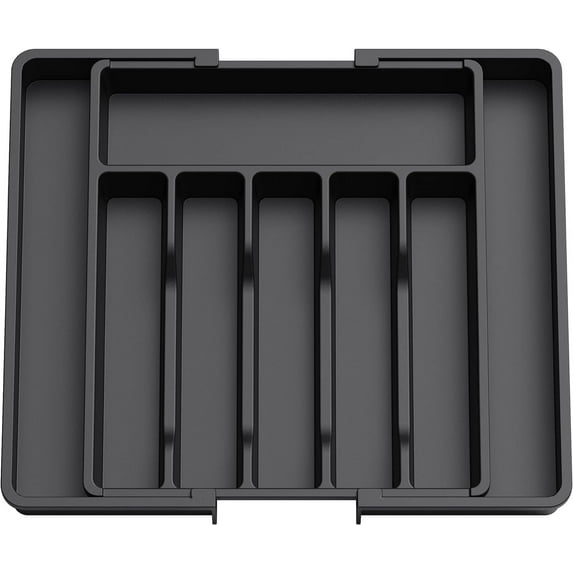 Cutlery Drawer Organiser, Expandable Utensil Tray for Kitchen, Adjustable Silverware and Flatware Holder, Compact Plastic Storage for Spoons Forks Knives, Large, Black