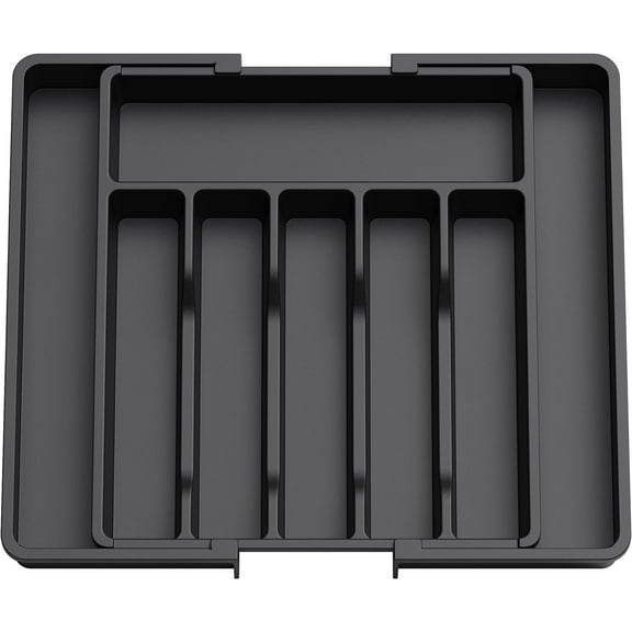 Cutlery Drawer Organiser, Expandable Utensil Tray for Kitchen, Adjustable Silverware and Flatware Holder, Compact Plastic Storage for Spoons Forks Knives, Large, Black