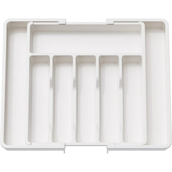 Cutlery Drawer Organiser, Expandable Utensil Tray for Kitchen, Adjustable Silverware and Flatware Holder, Compact Plastic Storage for Spoons Forks Knives, Large, White