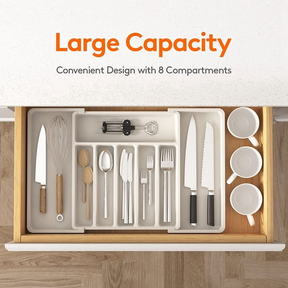 Cutlery Drawer Organiser, Expandable Utensil Tray for Kitchen, Adjustable Silverware and Flatware Holder White