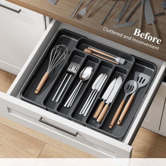 Cutlery Drawer Organiser for Kitchen - Adjustable Cutlery Tray for Effortless Utensil Sorting, Versatile Kitchen Storage & Organisation Solution, 12.13" x 1.54" x 8.07"~13.90", Black
