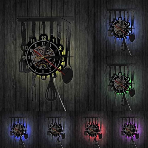 Cutlery Farmhouse Kitchen Art Sign Wall Clock Dinning Room Restaurant Cutlery Wall Decor Vintage Utensil Vinyl Record Wall Clock