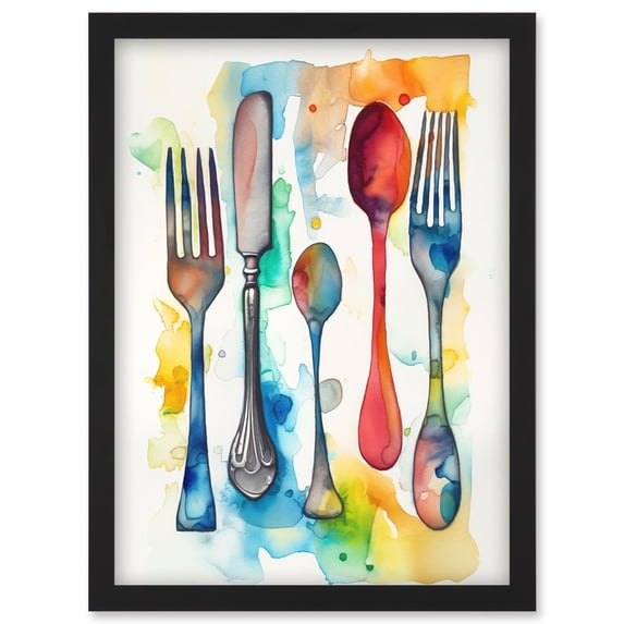 Cutlery Forks Spoons And Knife Watercolour Painting Artwork Framed Wall Art Print A4