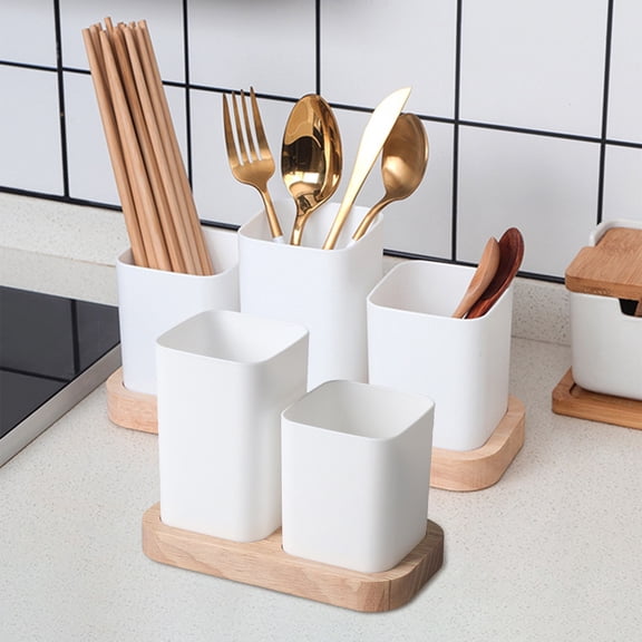 Cutlery Holder Organizer with Drainage, Utensil Caddy for Kitchen Countertop, 2 or 3 Compartment Chopsticks Spoon Storage Box, White PP + Oak