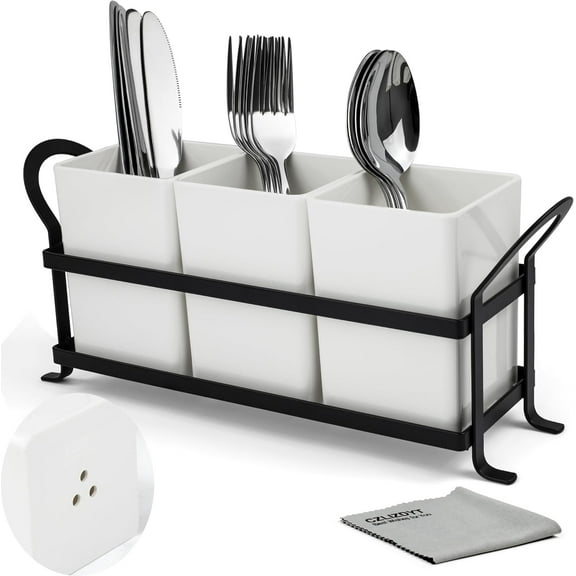 Cutlery Holder with Drain Holes, Silverware Caddy for Party Countertop, 3pcs Bins Set Utensil Holders for Spoon and Fork, White