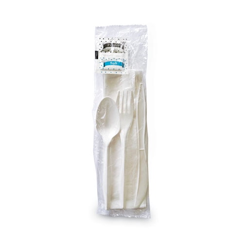 Cutlery Kit, Plastic Fork/Spoon/Knife/Salt/Polypropylene/Napkin, White, 250/Carton Cutlery Kit, Plastic Fork/Spoon/Knife/Salt/Polypropylene/Napkin, White, 250/Carton