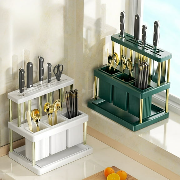 Cutlery Knife Rack Organizer | Multifunctional Tableware Caddy | Detachable Modular Double-Layer Design | Stainless Steel & Plastic | Drainage System | 25x23x16 cm | White or Green | For Kitchen