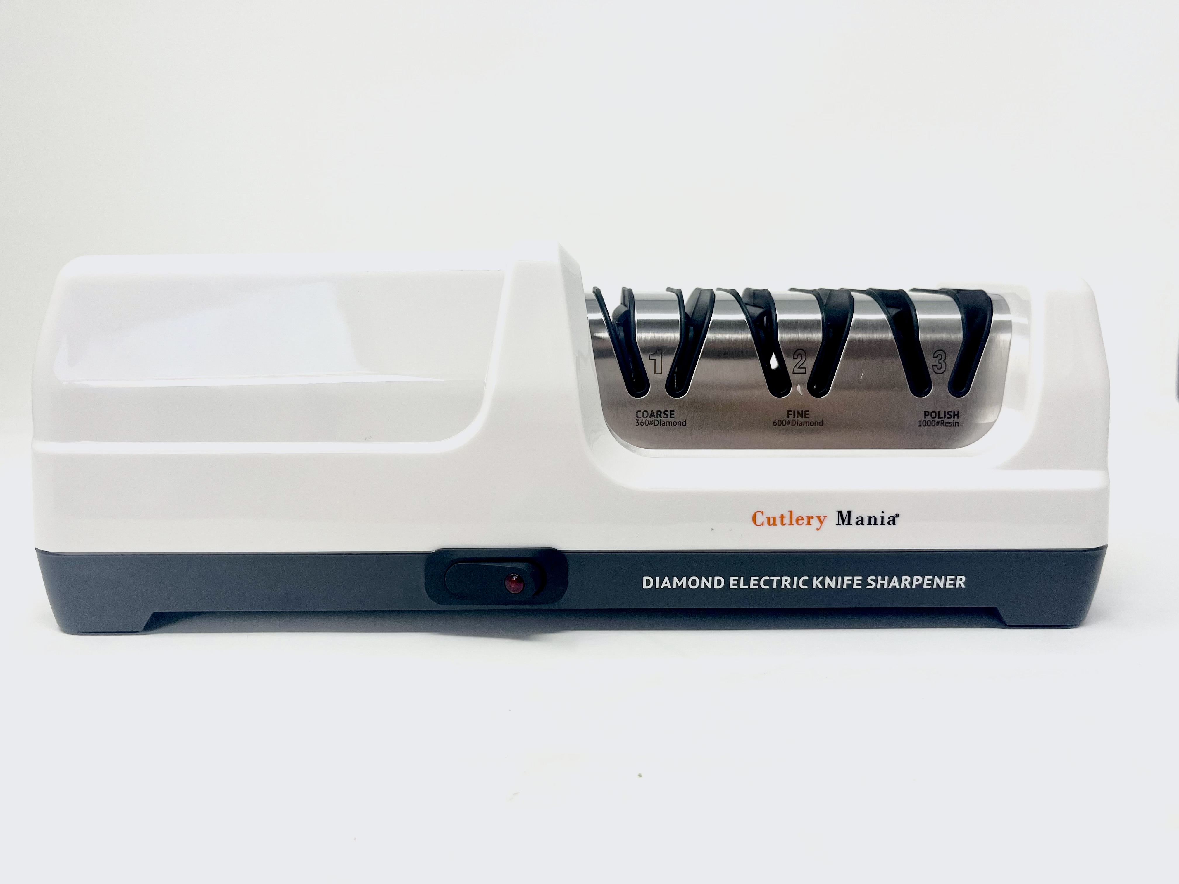 Cutlery Mania Electric Kitchen Knife Sharpener | 3 Stage Sharpening System with Diamond Abrasives | Effortless Precision Sharpening (White)