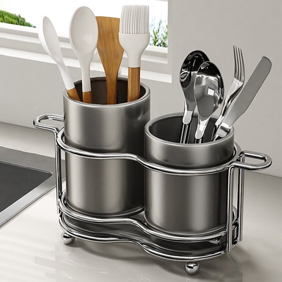 Cutlery Organizer Drying Rack, Stainless Steel Kitchen Tool Caddy with Drainage Holes for Knives and Spoons, Hygienic Countertop Stand with Non-slip Base