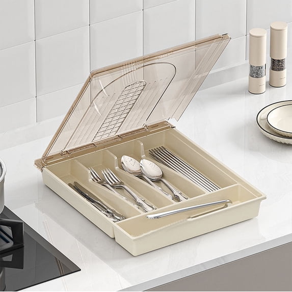 Cutlery Organizer with Lid, 33cm Drawer Table Top Storage Tray with Raised Partitions