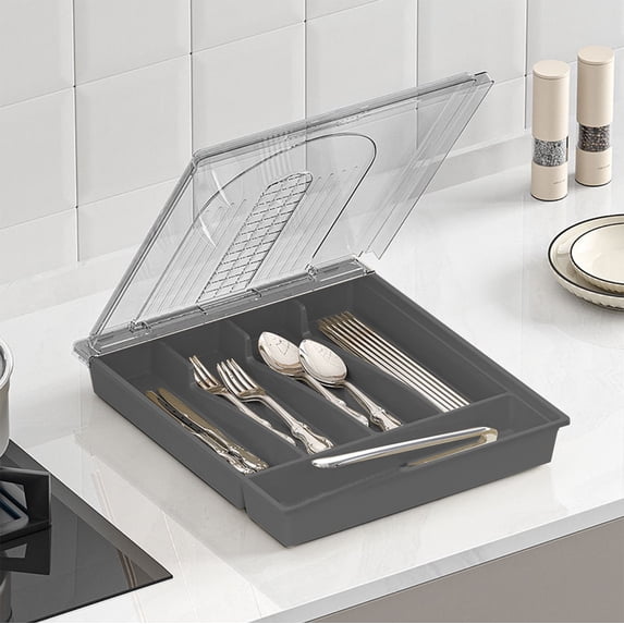 Cutlery Organizer with Lid, 33cm Drawer Table Top Storage Tray with Raised Partitions
