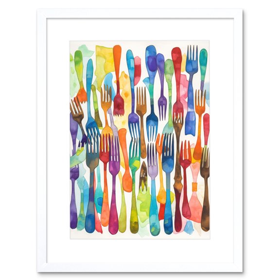 Cutlery Pattern Multicoloured Forks Watercolour Painting Artwork Framed Print Wall Art 9X7 Inch