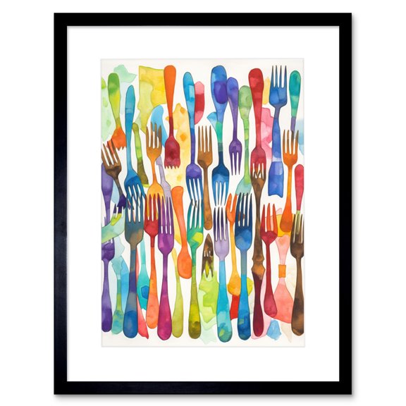 Cutlery Pattern Multicoloured Forks Watercolour Painting Artwork Framed Print Wall Art 9X7 Inch