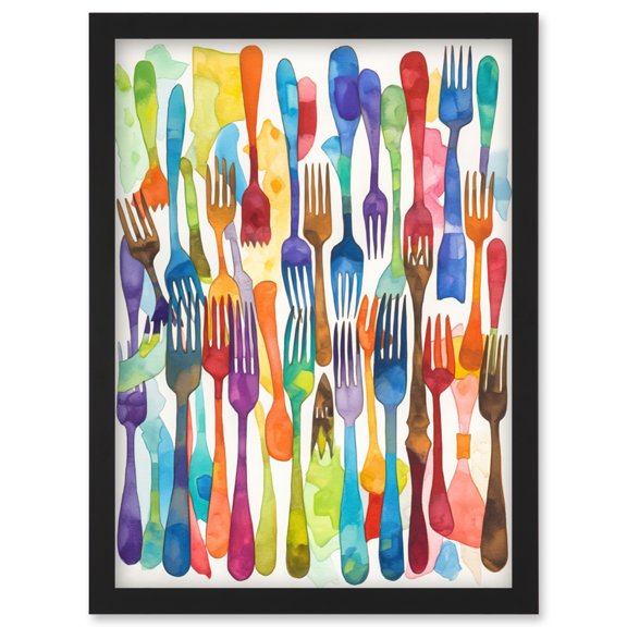 Cutlery Pattern Multicoloured Forks Watercolour Painting Artwork Framed Wall Art Print A4