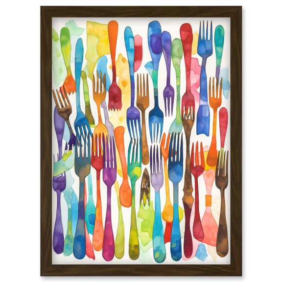 Cutlery Pattern Multicoloured Forks Watercolour Painting Artwork Framed Wall Art Print A4