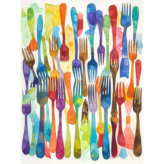 Cutlery Pattern Multicoloured Forks Watercolour Painting Unframed Wall Art Print Poster Home Decor Premium