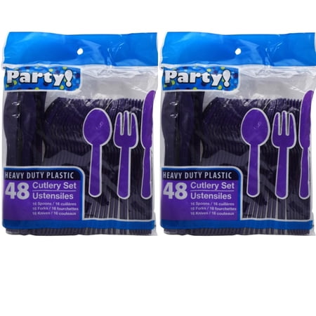 Cutlery Set Disposable Plastic Utensils 32 Spoons, 32 Forks & 32 Knives Silverware Flatware Set for Birthday Holiday Picnic Outdoor Party Celebration (Purple)