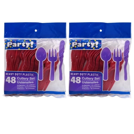 Cutlery Set Disposable Plastic Utensils 32 Spoons, 32 Forks & 32 Knives Silverware Flatware Set for Birthday Holiday Picnic Outdoor Party Celebration (Red)