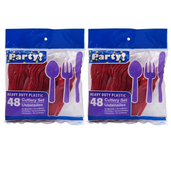 Cutlery Set Disposable Plastic Utensils 32 Spoons, 32 Forks & 32 Knives  Silverware Flatware Set for Birthday Holiday Picnic Outdoor Party Celebration (Red)