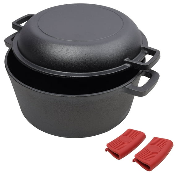 Cutlery Sets 2 in 1 Pre-Seasoned Cast Iron Dutch Oven With Dual Handles, Outdoor Camping Deep Pot for Camping Fireplace Cooking BBQ Baking Campfire, 5 Quart.With 2pcs Silicone Handel Covers.,Cookware