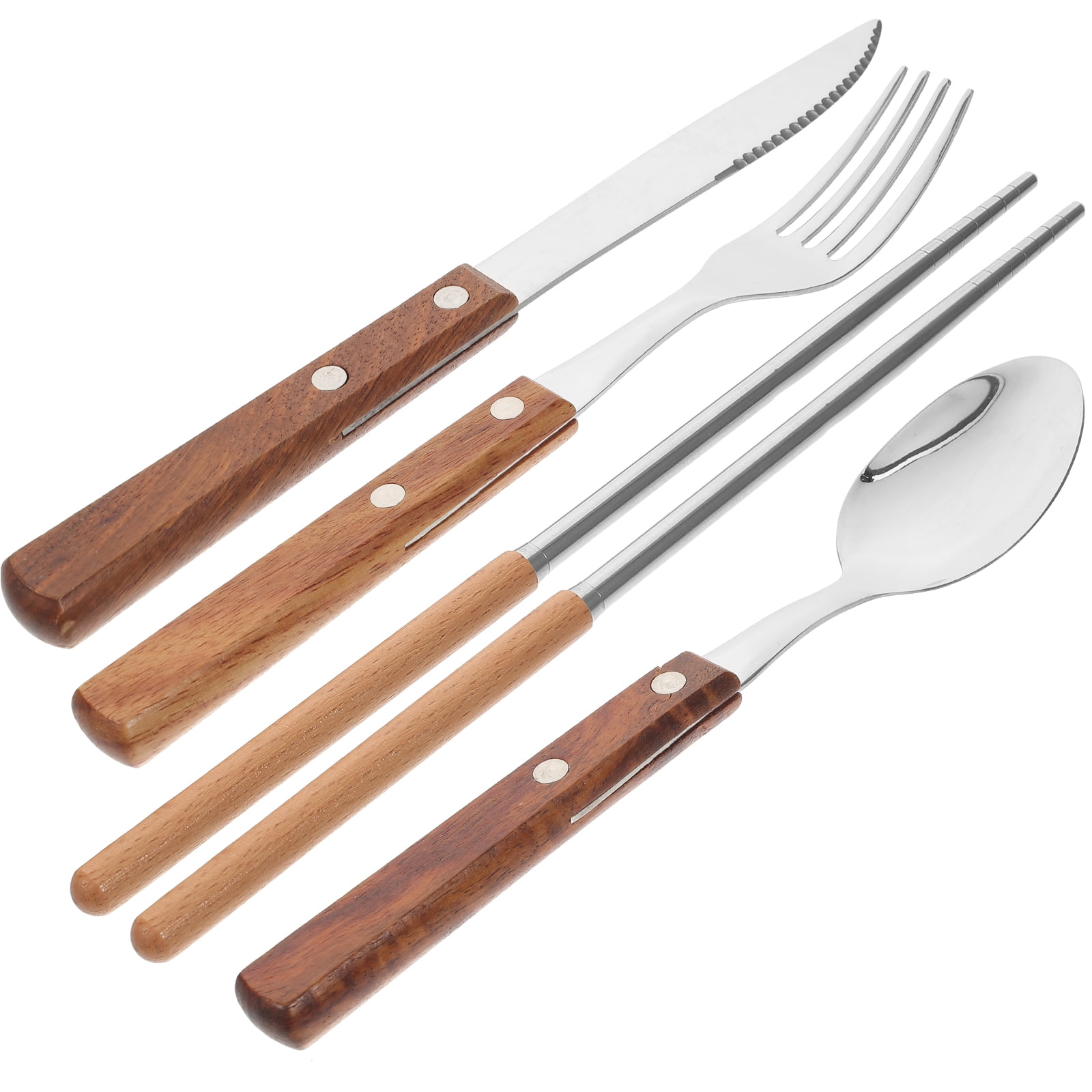 Cutlery Spoon Set Fork Cutter Kit Stainless Flatware Travel Utensils Food Steel Solid Wood