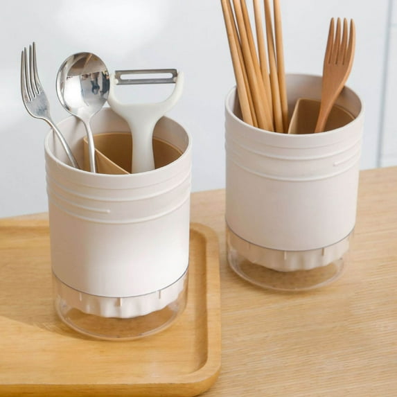 Cutlery Storage Container, White Plastic Round Hole Utensil Holder, Kitchen Countertop Organizer for Forks Spoons Knives, Drain Drying Rack for Home Commercial Use