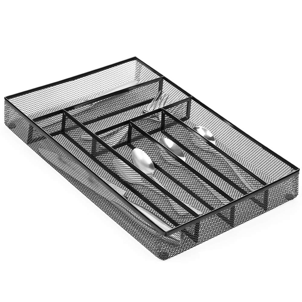 Cutlery Tray, Mesh Silverware Storage Kitchen Drawer Organizer, Flatware Tray with Foam Feet