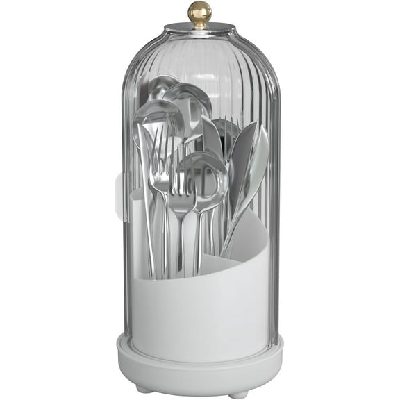 Cutlery holder with cover,Internally rotatable, Plastic Cutlery Storage Organizer for Kitchen Cabinet or Pantry - Basket Organizer for Forks, Knives and Spoons. With cover. White