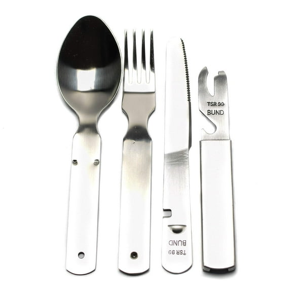 Cutlery set 4 pieces Eating utensils military style spoon fork knife kit flatware multi-tool Camping bottle can opener stainless steel NEW