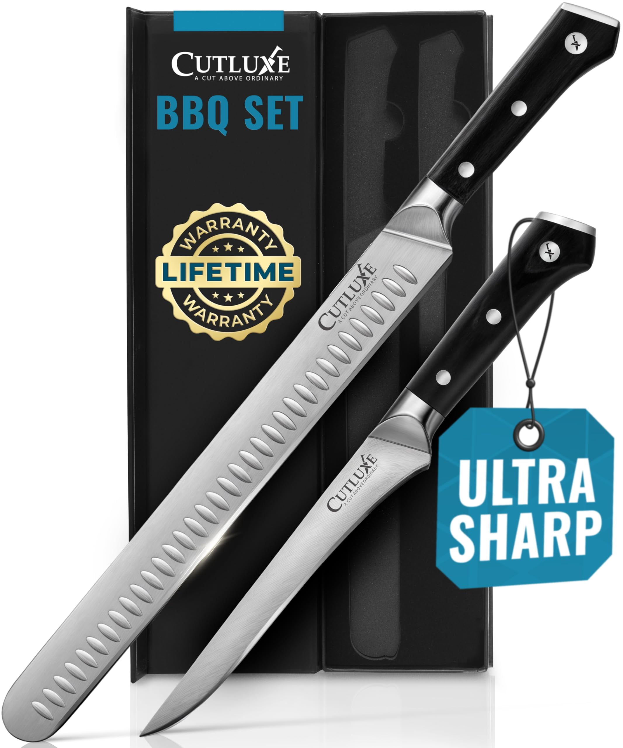 Cutluxe Carving Knife Set for BBQ & Brisket – Razor Sharp German Steel Slicing and Boning Knife for Meat Cutting, Full Tang & Ergonomic Handle, Grilling Gifts for Men – Artisan Series