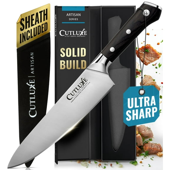 Cutluxe Chef Knife 8" Kitchen Knife, German High Carbon Steel, Full Tang, Ergonomic Handle Design, Sheath Included Artisan Series