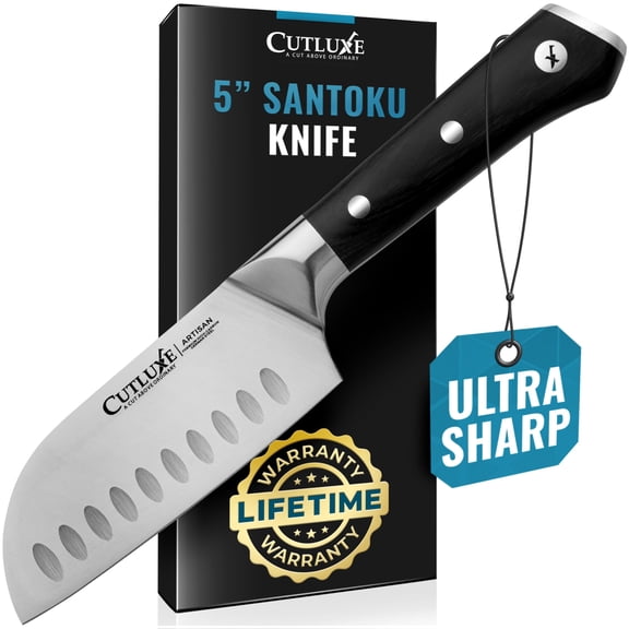 Cutluxe Santoku Knife 5" Chopping Knife, Meat and Vegetable Knife Forged High Carbon German Steel Full Tang & Razor Sharp Ergonomic Handle Design Artisan Series
