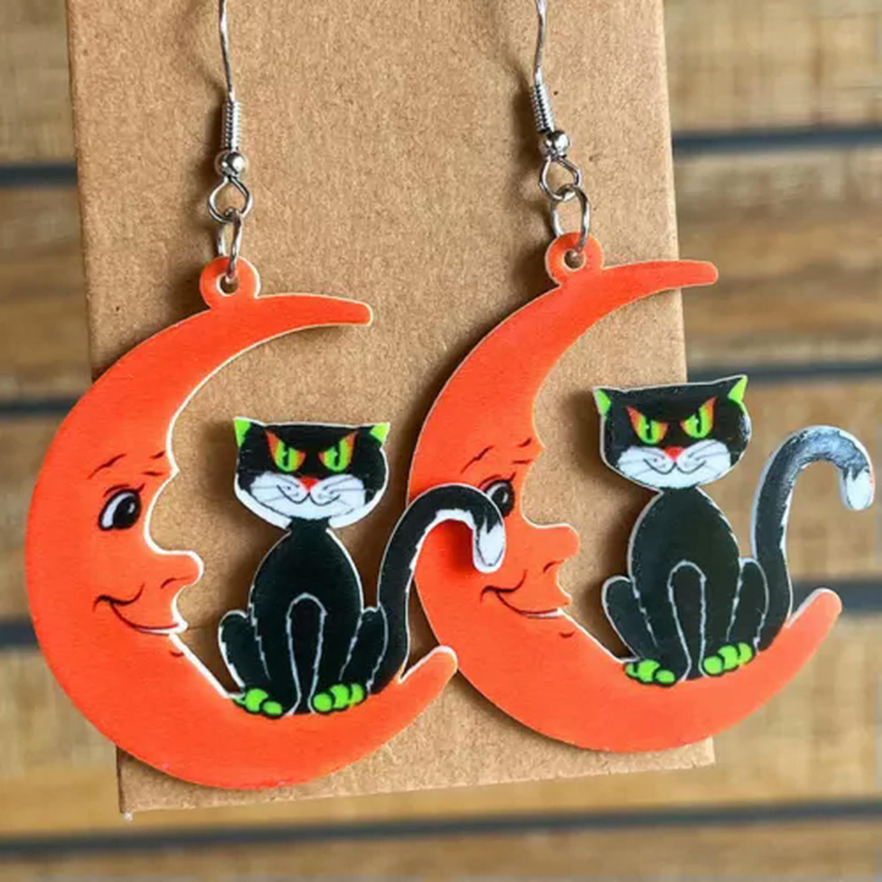 Black Cat On Purple Moon Dangle Earrings - Acrylic Statement Jewelry For Cat Lovers