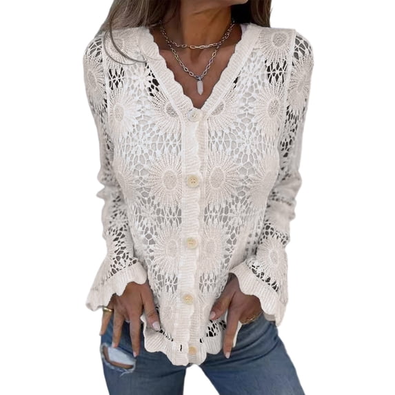 Cutout Embroidered V-Neck Button Long Sleeve Top, Hollow Half Sleeve Cardigan Apricot S
